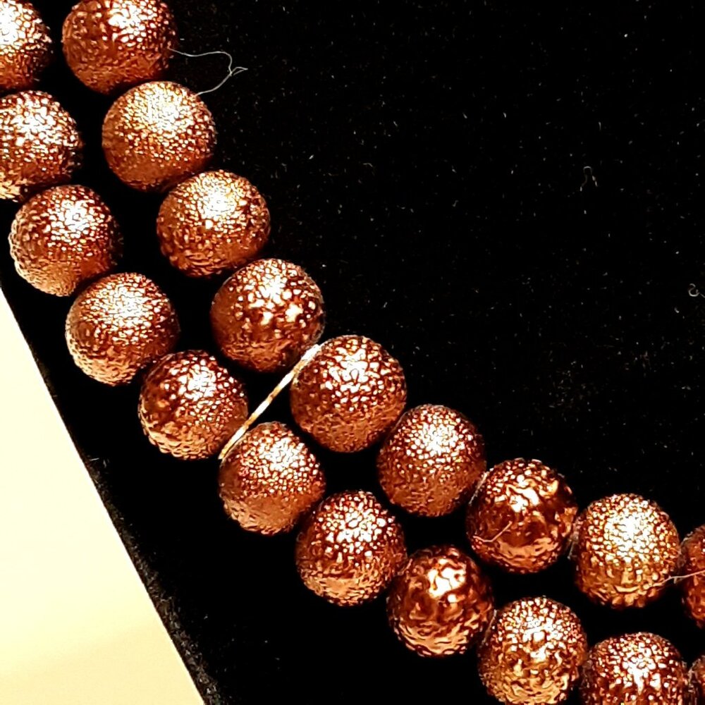 Metallic Coppertone Bead Necklace 17" Double Strand Textured Antiqued
